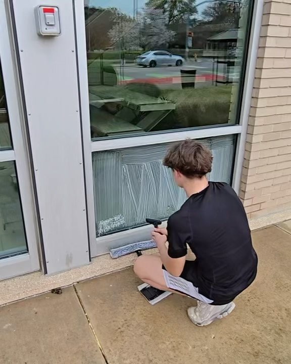 Close-up of squeegee work on a large window
